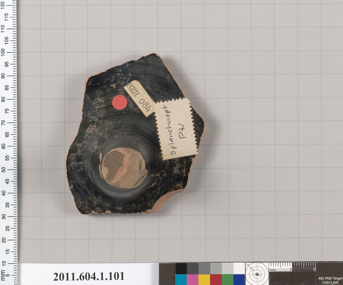 Terracotta fragment of a kylix (drinking cup), Attributed to the Splanchnopt Painter [DvB], Terracotta, Greek, Attic