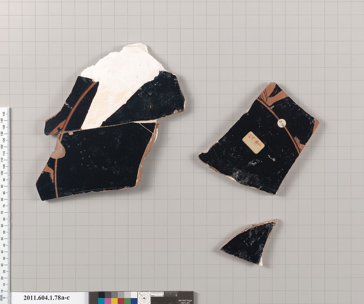 Terracotta fragments of a kylix (drinking cup), Signed by Kachrylion, Terracotta, Greek, Attic