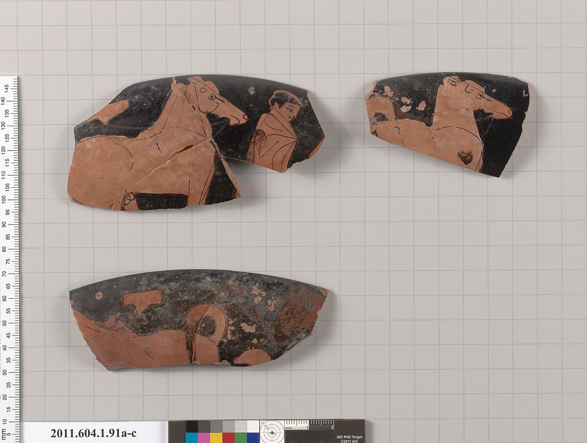 Terracotta rim fragments of a kylix (drinking cup), Attributed to the Painter of London D 12 [DvB], Terracotta, Greek, Attic 