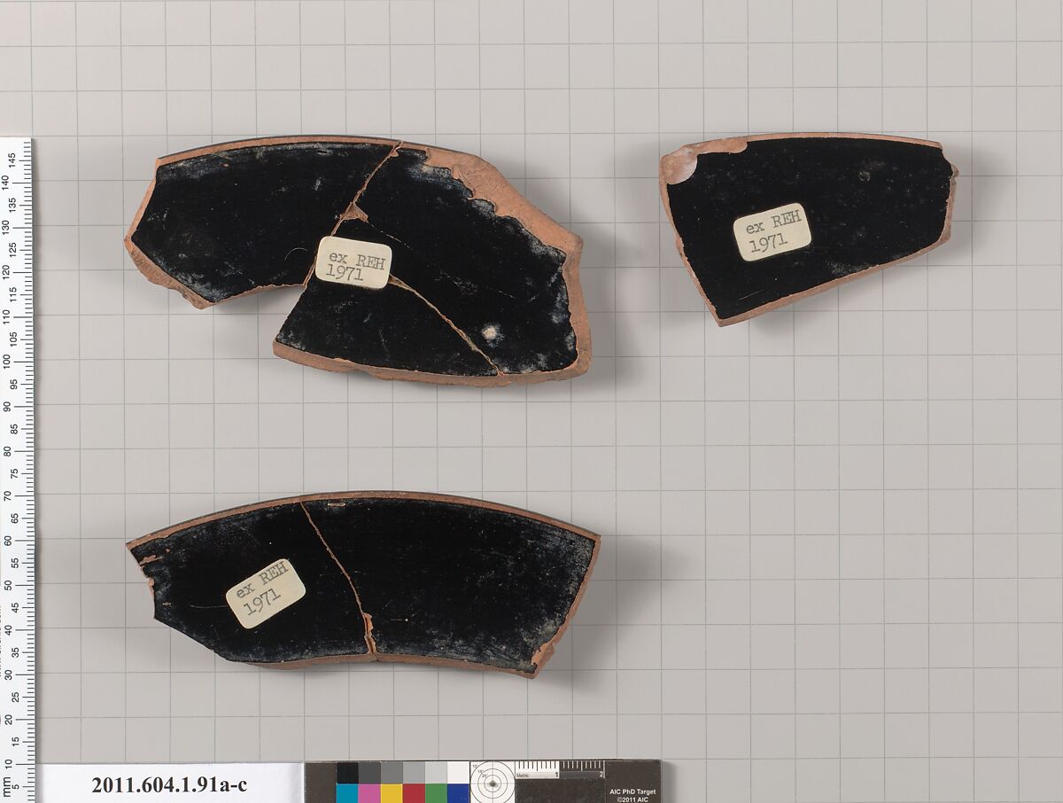 Terracotta rim fragments of a kylix (drinking cup), Attributed to the Painter of London D 12 [DvB], Terracotta, Greek, Attic