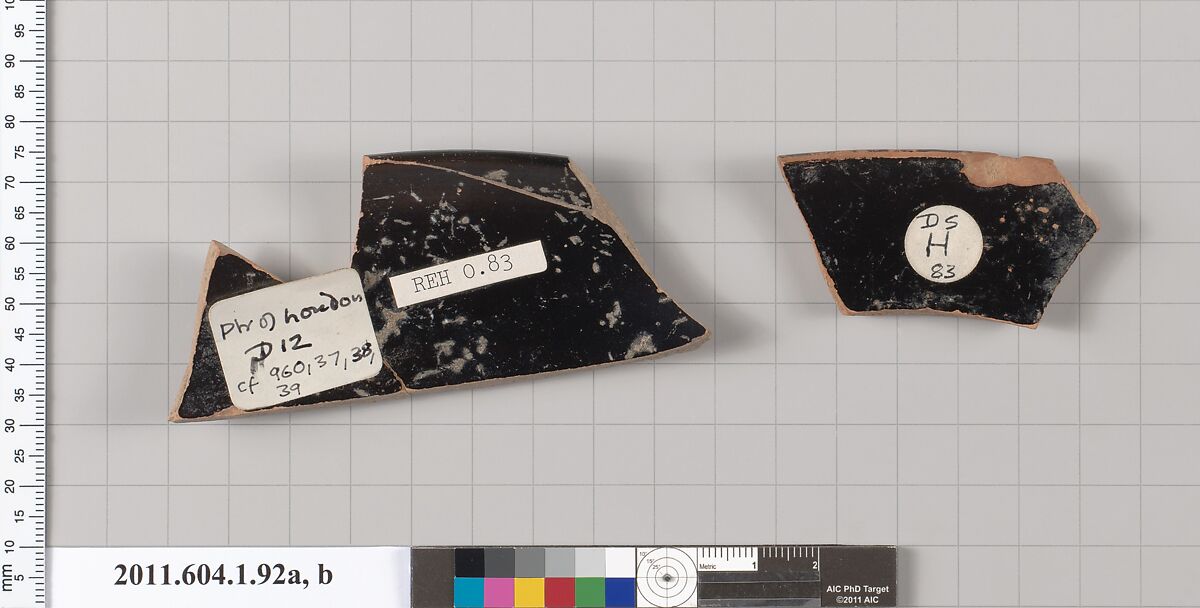 Terracotta rim fragments of a kylix (drinking cup), Attributed to the Painter of London D 12 [DvB], Terracotta, Greek, Attic