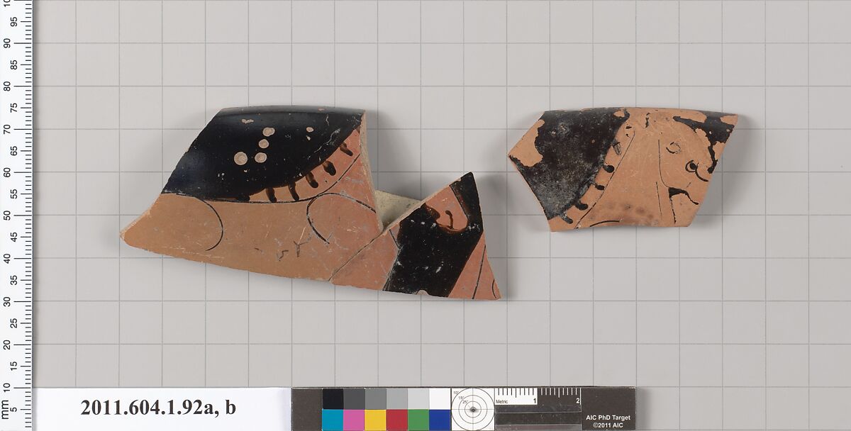 Terracotta rim fragments of a kylix (drinking cup), Attributed to the Painter of London D 12 [DvB], Terracotta, Greek, Attic 