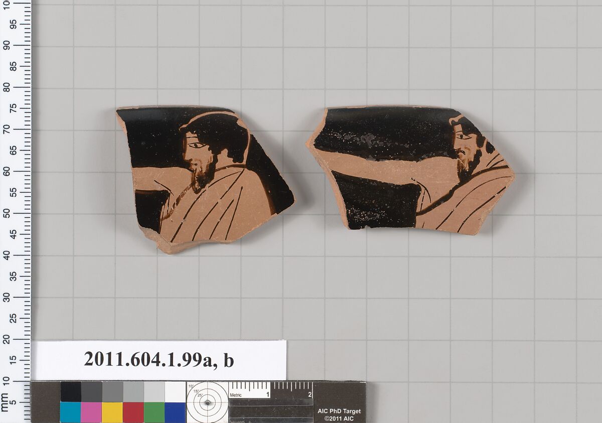 Terracotta rim fragments of a kylix (drinking cup), Attributed to the Painter of London D 12 [DvB], Terracotta, Greek, Attic 