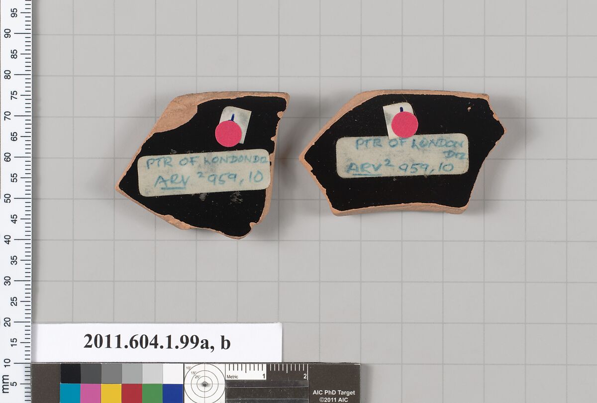 Terracotta rim fragments of a kylix (drinking cup), Attributed to the Painter of London D 12 [DvB], Terracotta, Greek, Attic