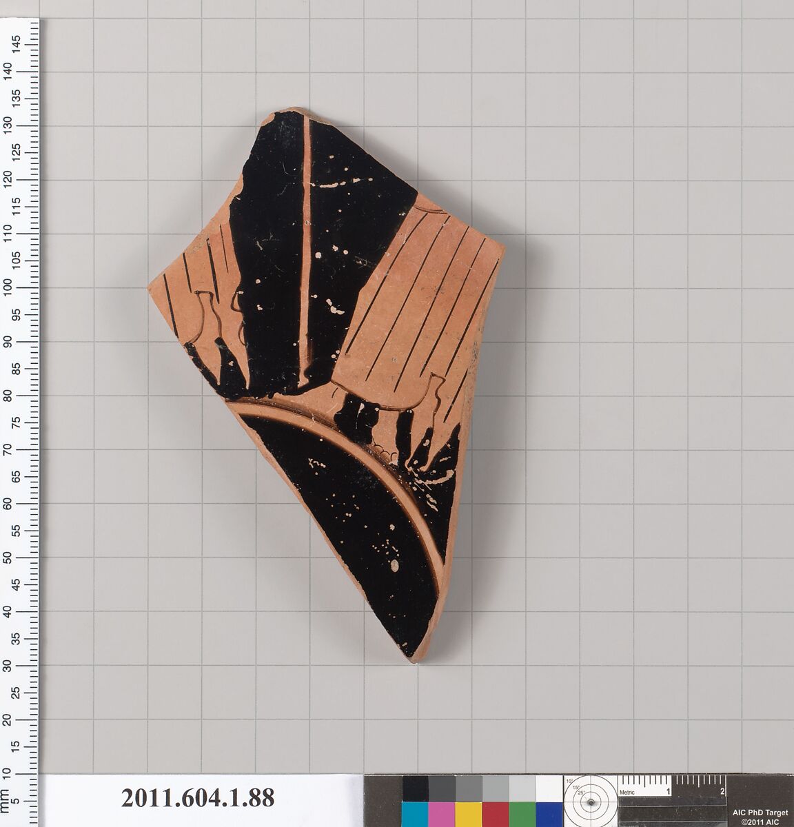 Terracotta fragment of a kylix (drinking cup), Attributed to the Painter of London D 12 [DvB], Terracotta, Greek, Attic