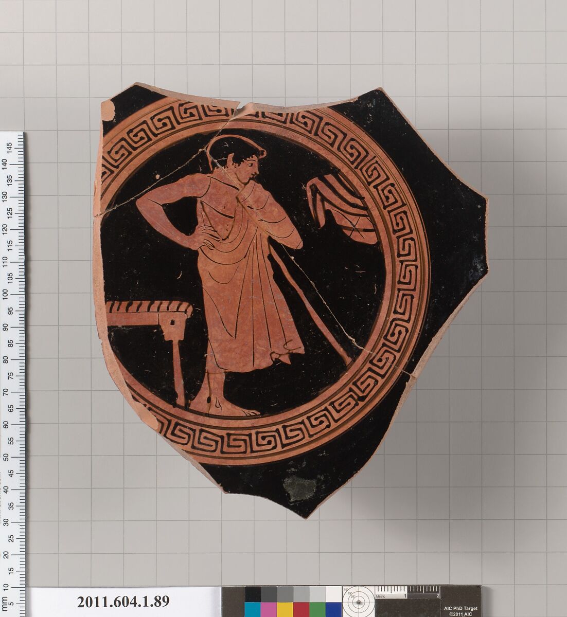 Terracotta fragment of a kylix (drinking cup), Attributed to the Painter of London D 12 [DvB], Terracotta, Greek, Attic 