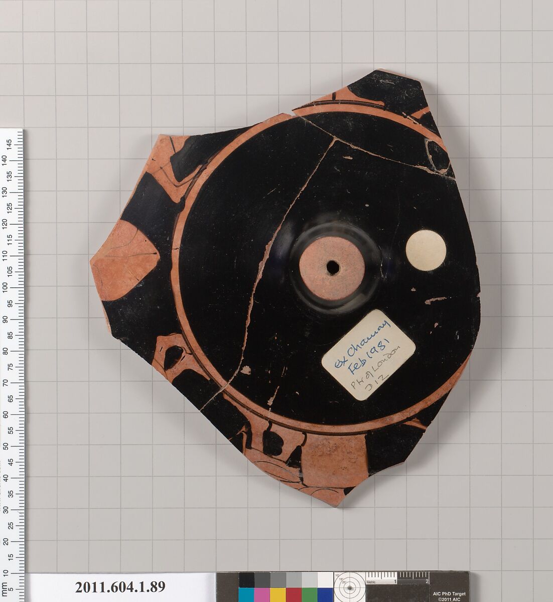 Terracotta fragment of a kylix (drinking cup), Attributed to the Painter of London D 12 [DvB], Terracotta, Greek, Attic