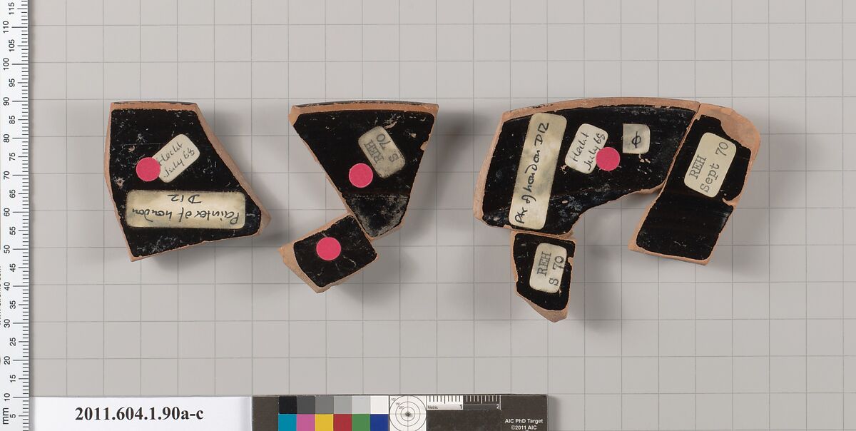 Terracotta rim fragments of a kylix (drinking cup), Attributed to the Painter of London D 12 [DvB], Terracotta, Greek, Attic