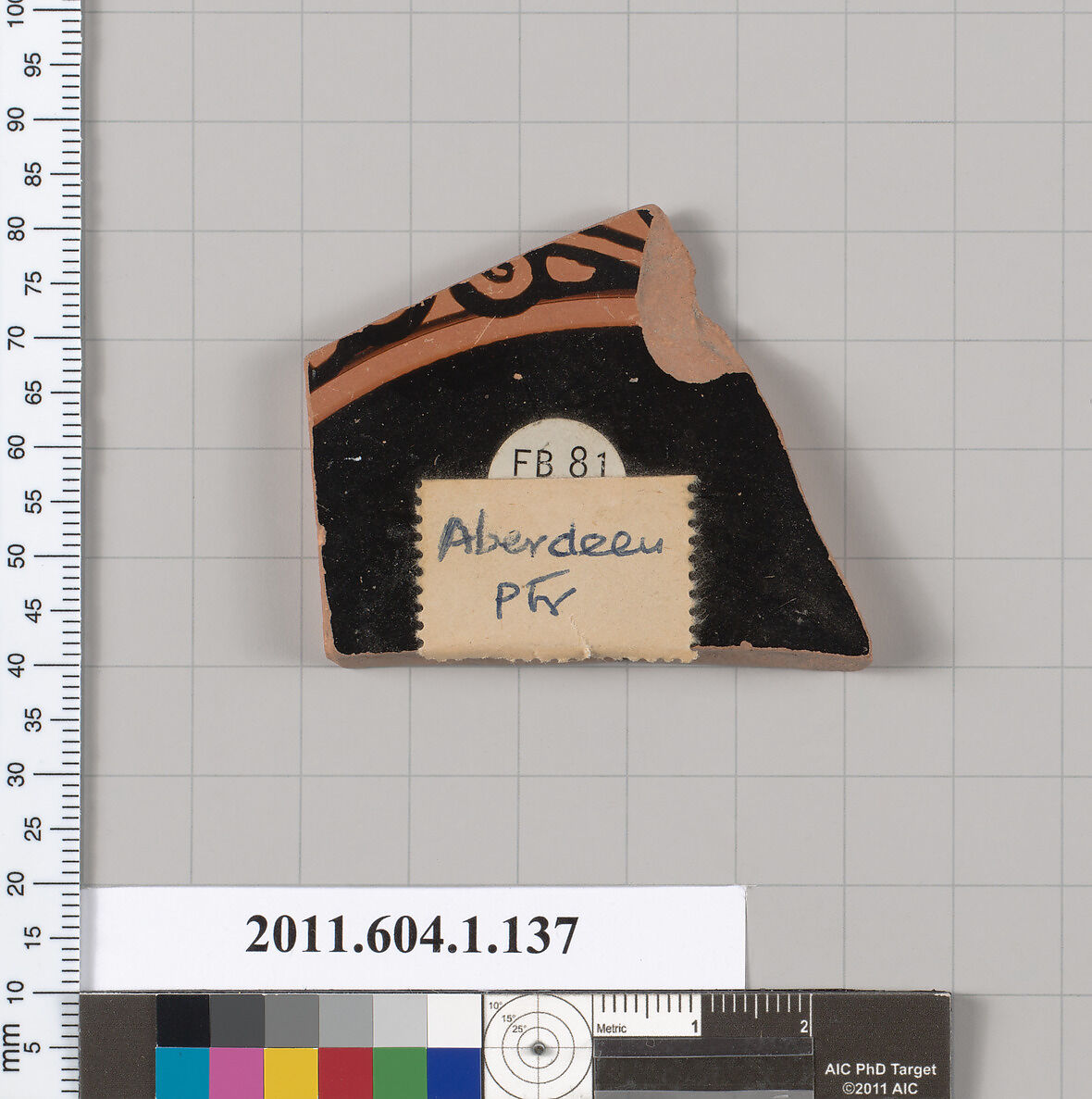 Terracotta fragment of a kylix (drinking cup), Attributed to the Aberdeen Painter [DvB], Terracotta, Greek, Attic