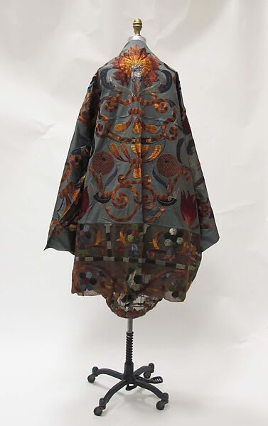 Ensemble, Romeo Gigli (Italian, born 1949), silk, cotton, acetate, nylon, spandex, leather, mother-of-pearl, Italian