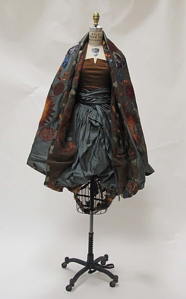 Ensemble, Romeo Gigli (Italian, born 1949), silk, cotton, acetate, nylon, spandex, leather, mother-of-pearl, Italian 