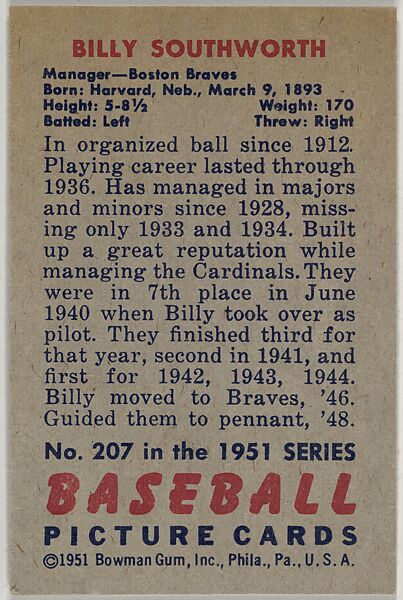 Billy Southworth, Manager, Boston Braves, from Picture Cards, series 5 (R406-5) issued by Bowman Gum, Issued by Bowman Gum Company, Commercial color lithograph