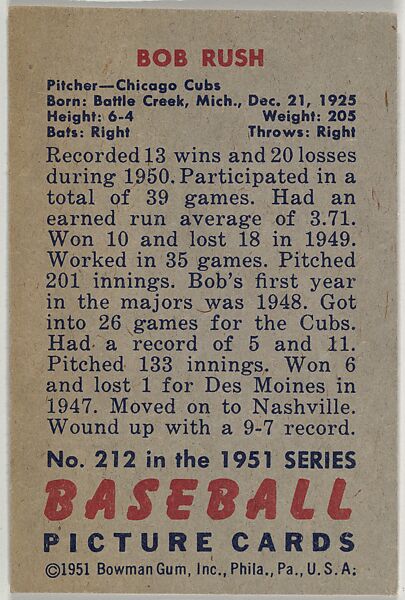 Bob Rush, Pitcher, Chicago Cubs, from Picture Cards, series 5 (R406-5) issued by Bowman Gum, Issued by Bowman Gum Company, Commercial color lithograph