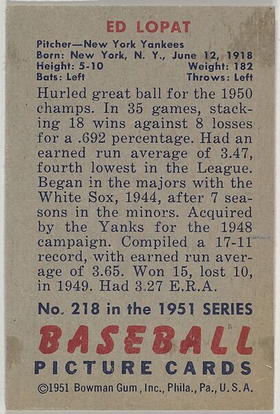 Ed Lopat, Pitcher, New York Yankees, from Picture Cards, series 5 (R406-5) issued by Bowman Gum, Issued by Bowman Gum Company, Commercial color lithograph