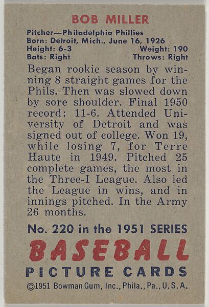 Bob Miller, Pitcher, Philadelphia Phillies, from Picture Cards, series 5 (R406-5) issued by Bowman Gum, Issued by Bowman Gum Company, Commercial color lithograph