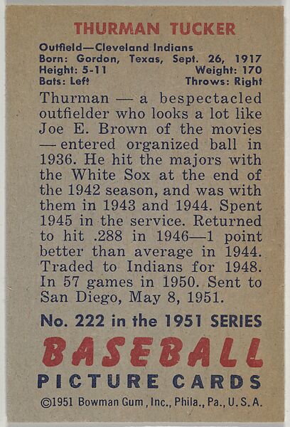 Thurman Tucker, Outfield, Cleveland Indians, from Picture Cards, series 5 (R406-5) issued by Bowman Gum, Issued by Bowman Gum Company, Commercial color lithograph