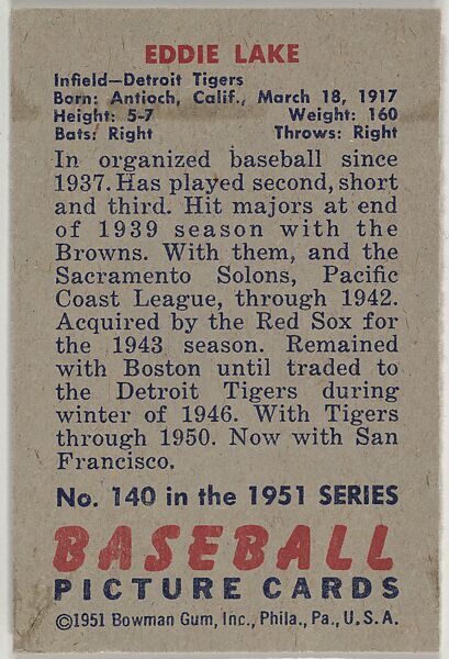 Eddie Lake, Infield, Detroit Tigers, from Picture Cards, series 5 (R406-5) issued by Bowman Gum, Issued by Bowman Gum Company, Commercial color lithograph