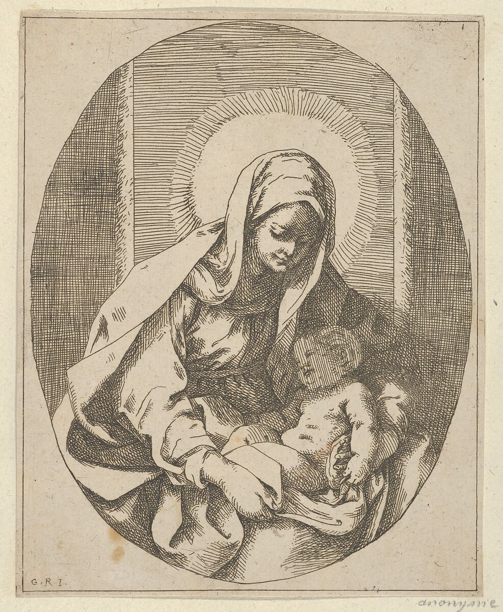 The Virgin holding the infant Christ on her lap, an oval composition, after Reni, School of Guido Reni (Italian, Bologna 1575–1642 Bologna), Etching 