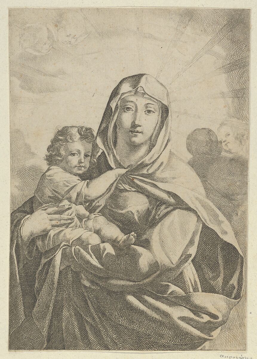 The Virgin standing facing front and holding the infant Christ, angels behind them in the clouds, Anonymous, Etching 