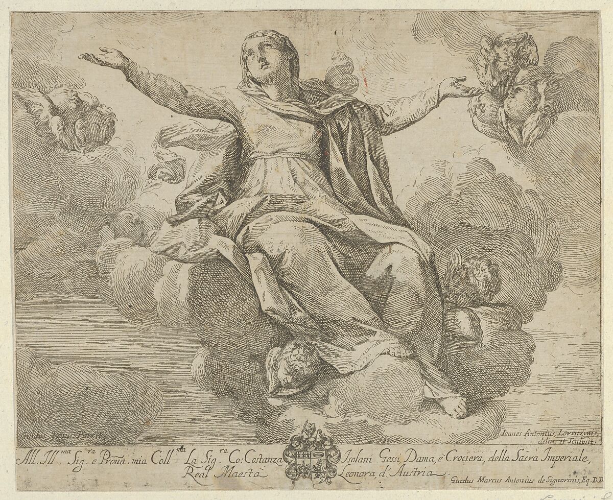 The Assumption of the Virgin, who is seated in the clouds with arms outstretched, angels surrounding her, Fra Antonio Lorenzini (Italian, Bologna 1665–1740 Bologna), Etching 
