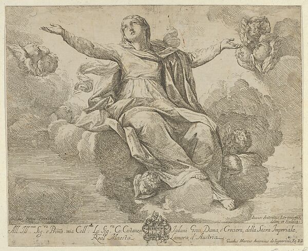 The Assumption of the Virgin, who is seated in the clouds with arms outstretched, angels surrounding her