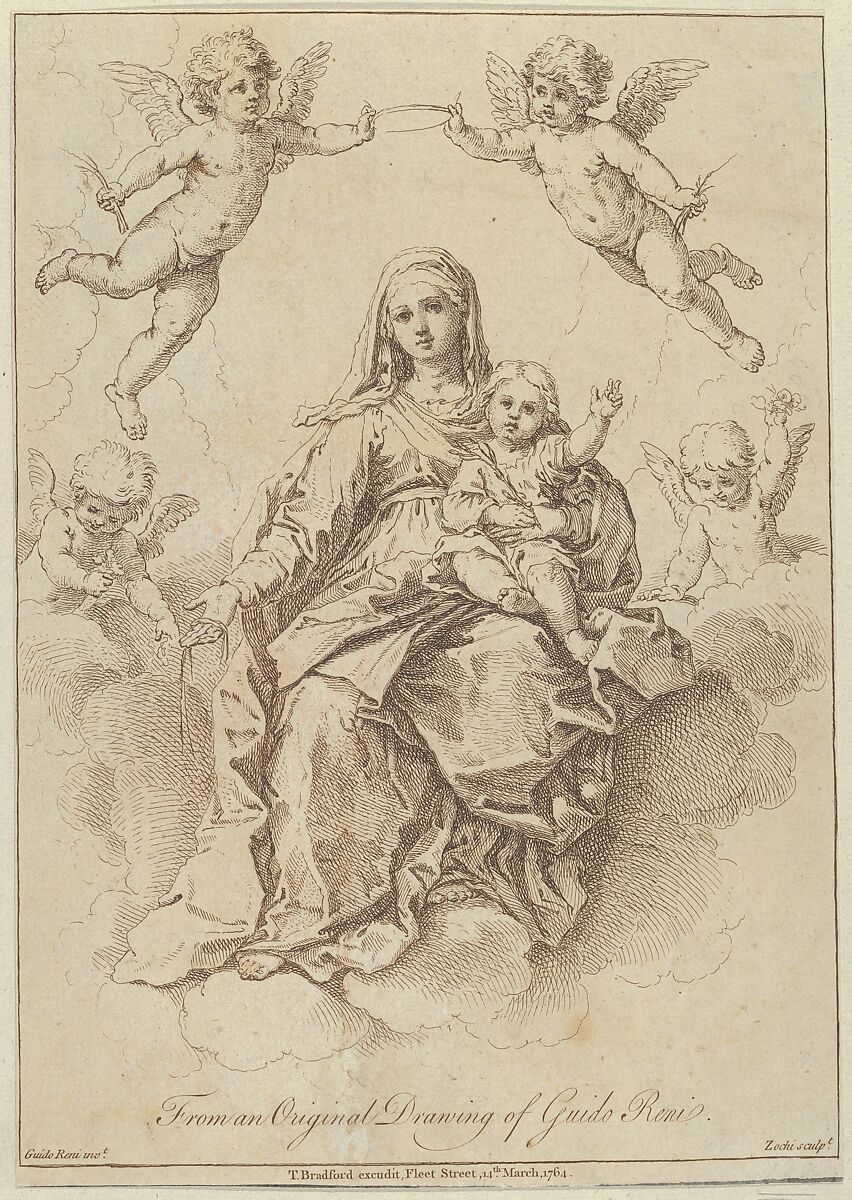 The Virgin seated in the clouds with the infant Christ, surrounded by putti, after a drawing by Reni, Giuseppe Zocchi (Italian, Florence 1711–1767 Florence), Etching 