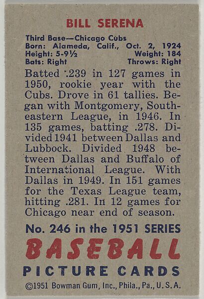 Bill Serena, 3rd Base, Chicago Cubs, from Picture Cards, series 5 (R406-5) issued by Bowman Gum, Issued by Bowman Gum Company, Commercial color lithograph