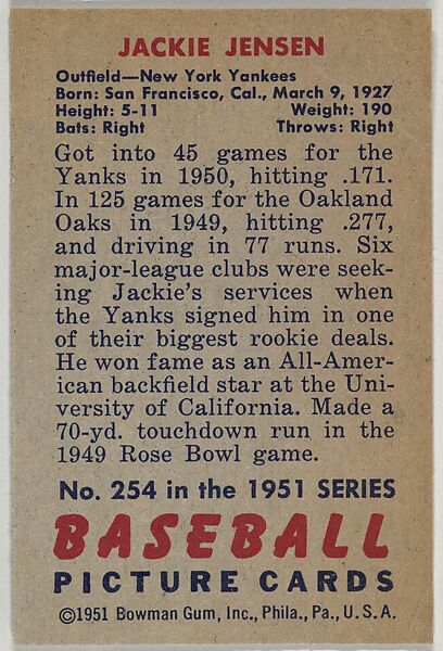 Jackie Jensen, Outfield, New York Yankees, from Picture Cards, series 5 (R406-5) issued by Bowman Gum, Issued by Bowman Gum Company, Commercial color lithograph