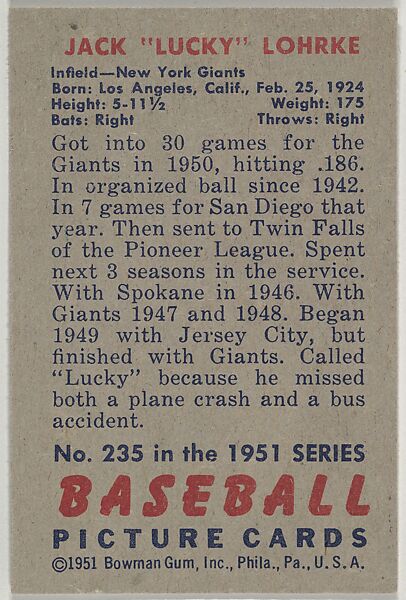 Jack "Lucky" Lohrke, Infield, New York Giants, from Picture Cards, series 5 (R406-5) issued by Bowman Gum, Issued by Bowman Gum Company, Commercial color lithograph