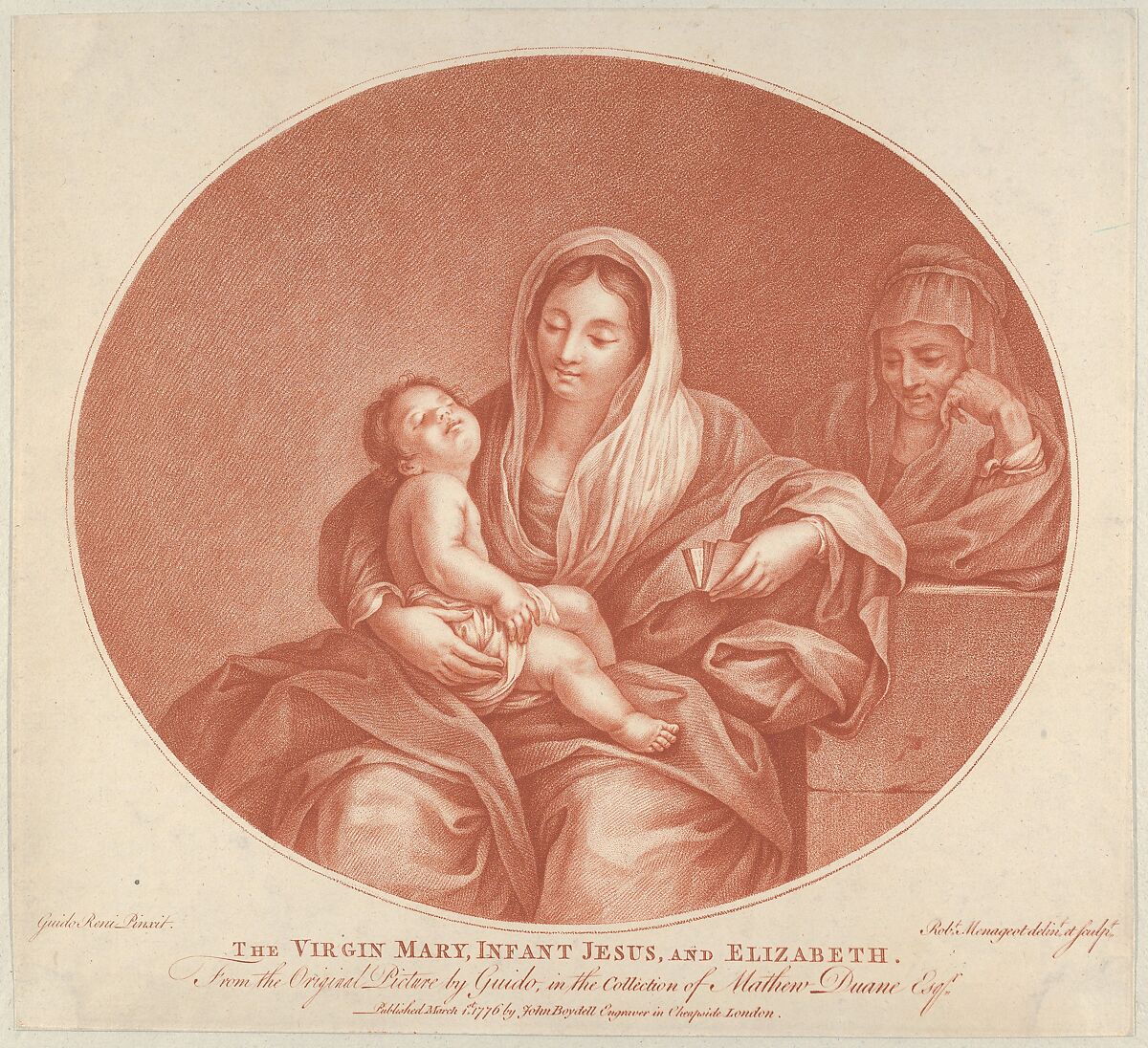 The Virgin seated with the infant Christ sleeping in her lap, Saint Elizabeth at right, an oval composition, after Reni, Engraved by Robert Menageot (French, Paris 1748–ca. 1808 St. Arvans(?), Chepstow, Monmouthshire), Crayon manner in red 