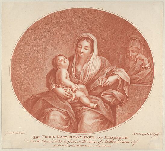 The Virgin seated with the infant Christ sleeping in her lap, Saint Elizabeth at right, an oval composition, after Reni