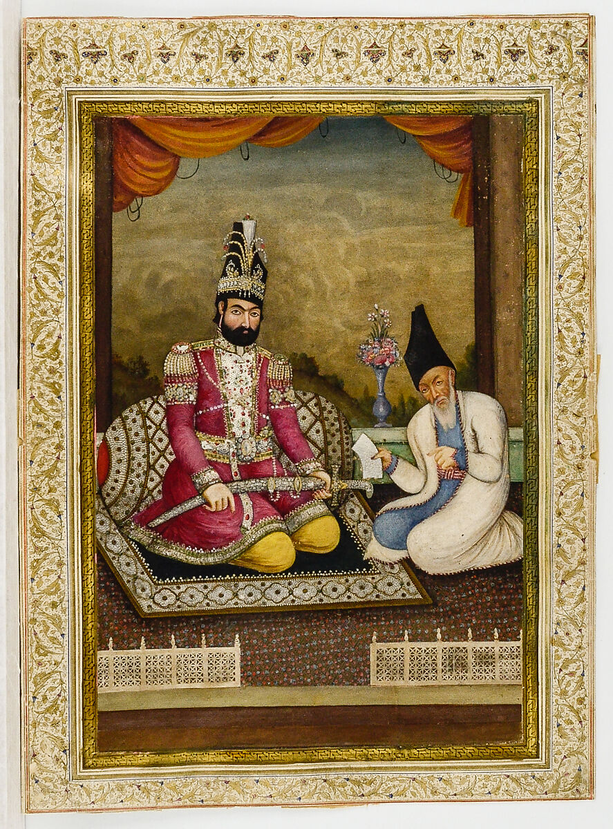 Portrait of Muhammad Shah Qajar and his Vizier Haj Mirza Aghasi, Ink, opaque watercolor, and gold on paper