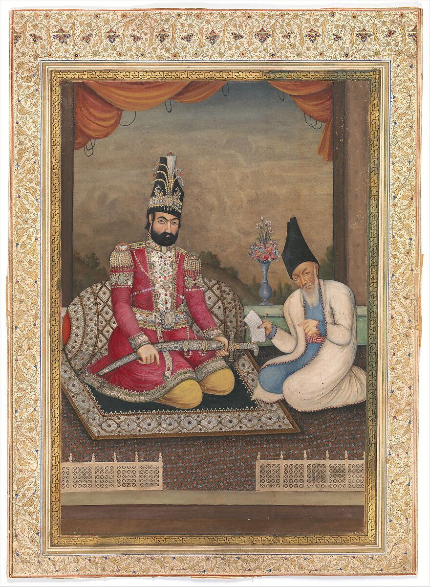 Portrait of Muhammad Shah Qajar and his Vizier Haj Mirza Aghasi, Ink, opaque watercolor, and gold on paper 