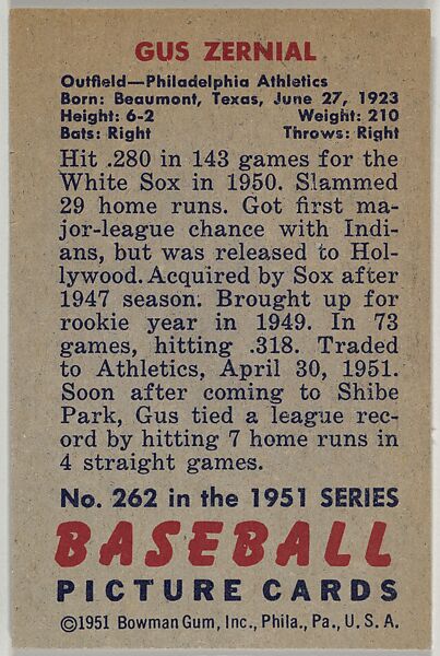 Gus Zernial, Outfield, Philadelphia Athletics, from Picture Cards, series 5 (R406-5) issued by Bowman Gum, Issued by Bowman Gum Company, Commercial color lithograph