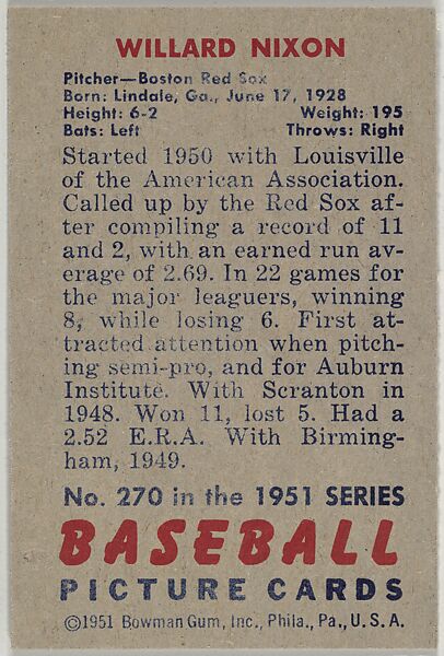 Willard Nixon, Pitcher, Boston Red Sox, from Picture Cards, series 5 (R406-5) issued by Bowman Gum, Issued by Bowman Gum Company, Commercial color lithograph