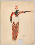 Woman's theatrical costume with a plaid dress with black ruffles and white apron and headdress