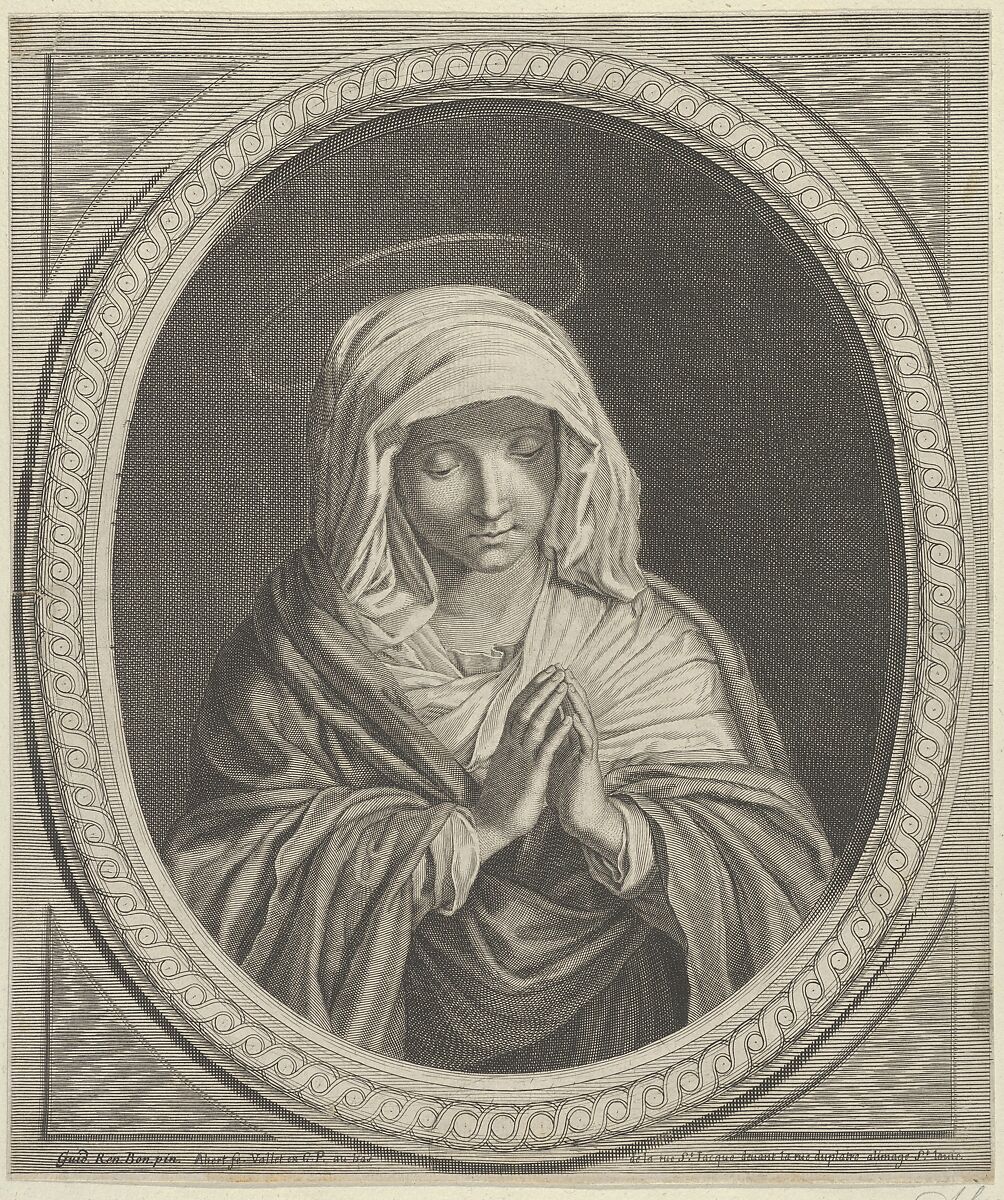 The Virgin in prayer in an oval frame, after Reni, Anonymous, Engraving 