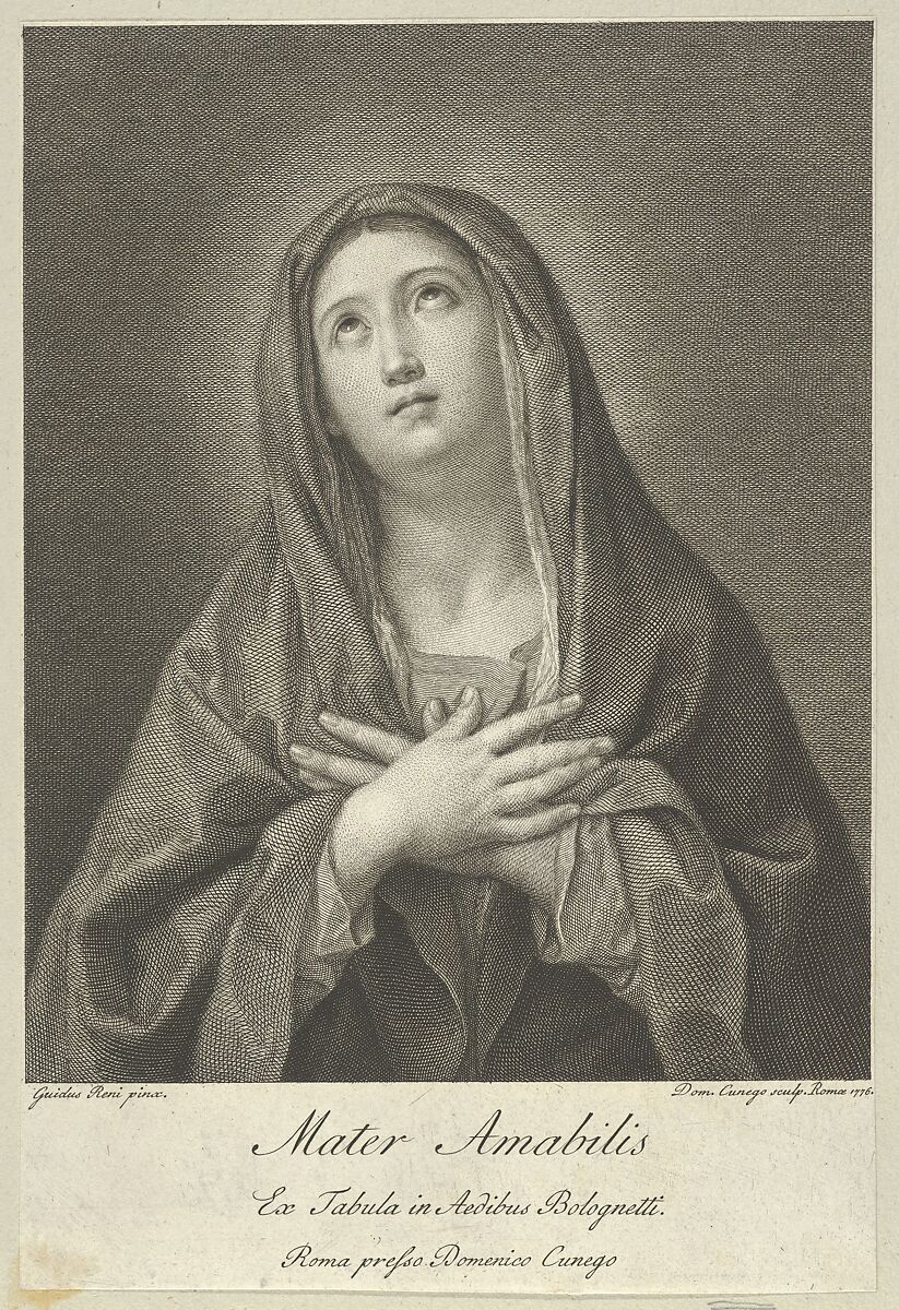 The Virgin looking upwards with hands crossed over her chest, after Reni, Engraved by Domenico Cunego (Italian, Verona 1727–1803 Rome), Engraving 