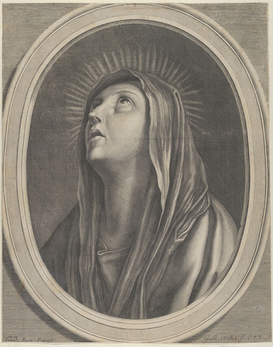 The Virgin looking up to the left, in bust length in an oval frame, after Reni, Engraved by Guillaume Vallet (French, Paris 1632–1704 (active Rome and Paris)), Engraving 