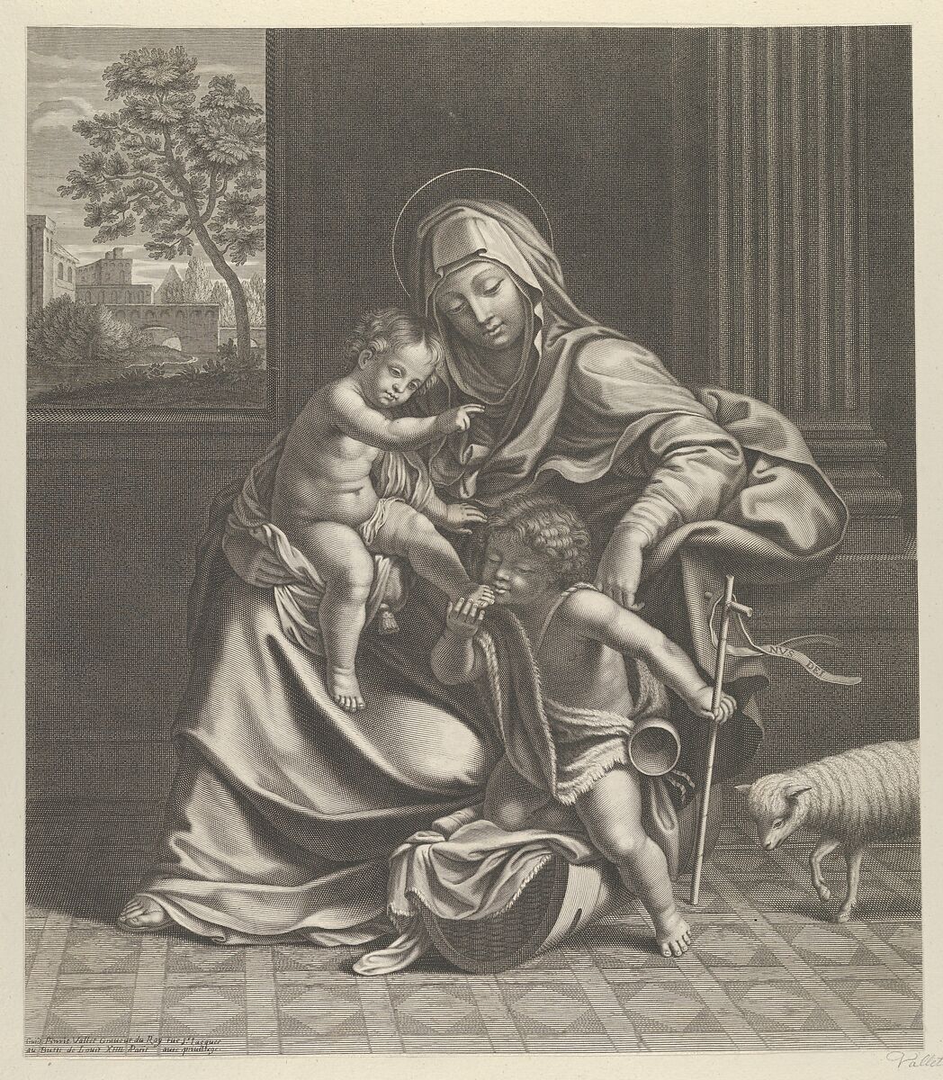 The Virgin seated with the infant Christ on her lap, the young Saint John the Baptist kneeling on Christ's cradle and caressing his foot, a lamb at right, after Reni, Engraved by Guillaume Vallet (French, Paris 1632–1704 (active Rome and Paris)), Engraving 