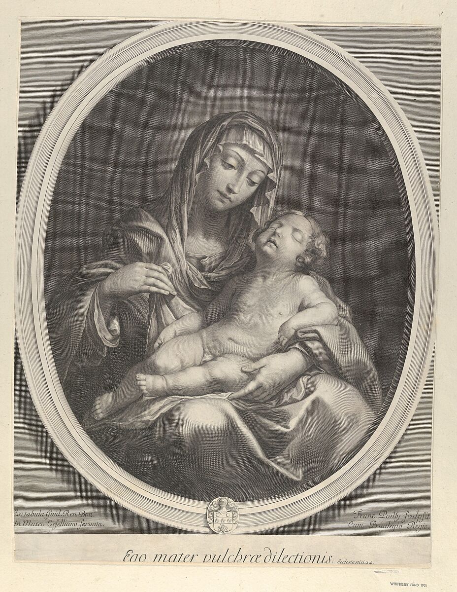 The Virgin seated with the infant Christ sleeping in her lap, in an oval frame, after Reni, Engraved by Francois de Poilly (French, Abbeville 1623–1693 Paris), Engraving 