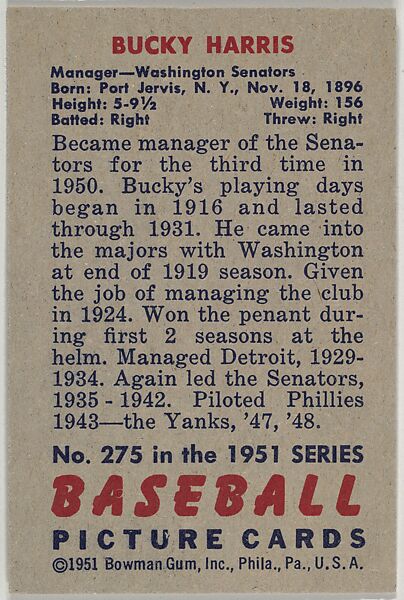 Bucky Harris, Manager, Washington Senators, from Picture Cards, series 5 (R406-5) issued by Bowman Gum, Issued by Bowman Gum Company, Commercial color lithograph