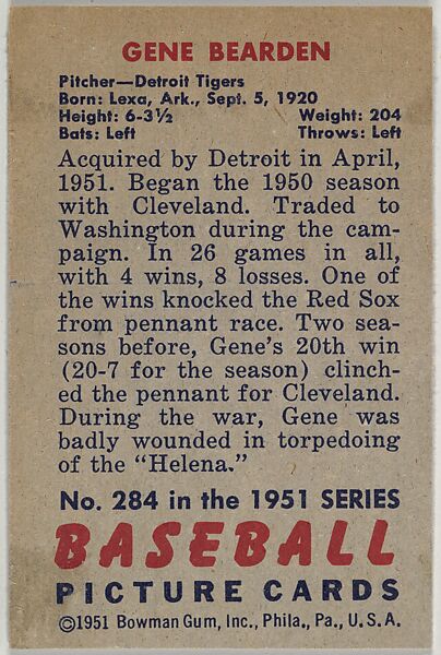 Gene Bearden, Pitcher, Detroit Tigers, from Picture Cards, series 5 (R406-5) issued by Bowman Gum, Issued by Bowman Gum Company, Commercial color lithograph