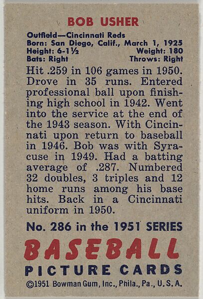 Bob Usher, Outfield, Cincinnati Reds, from Picture Cards, series 5 (R406-5) issued by Bowman Gum, Issued by Bowman Gum Company, Commercial color lithograph