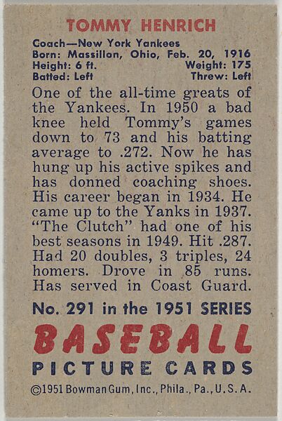 Tommy Henrich, Coach, New York Yankees, from Picture Cards, series 5 (R406-5) issued by Bowman Gum, Issued by Bowman Gum Company, Commercial color lithograph