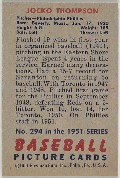 Jocko Thompson, Pitcher, Philadelphia Phillies, from Picture Cards, series 5 (R406-5) issued by Bowman Gum, Issued by Bowman Gum Company, Commercial color lithograph