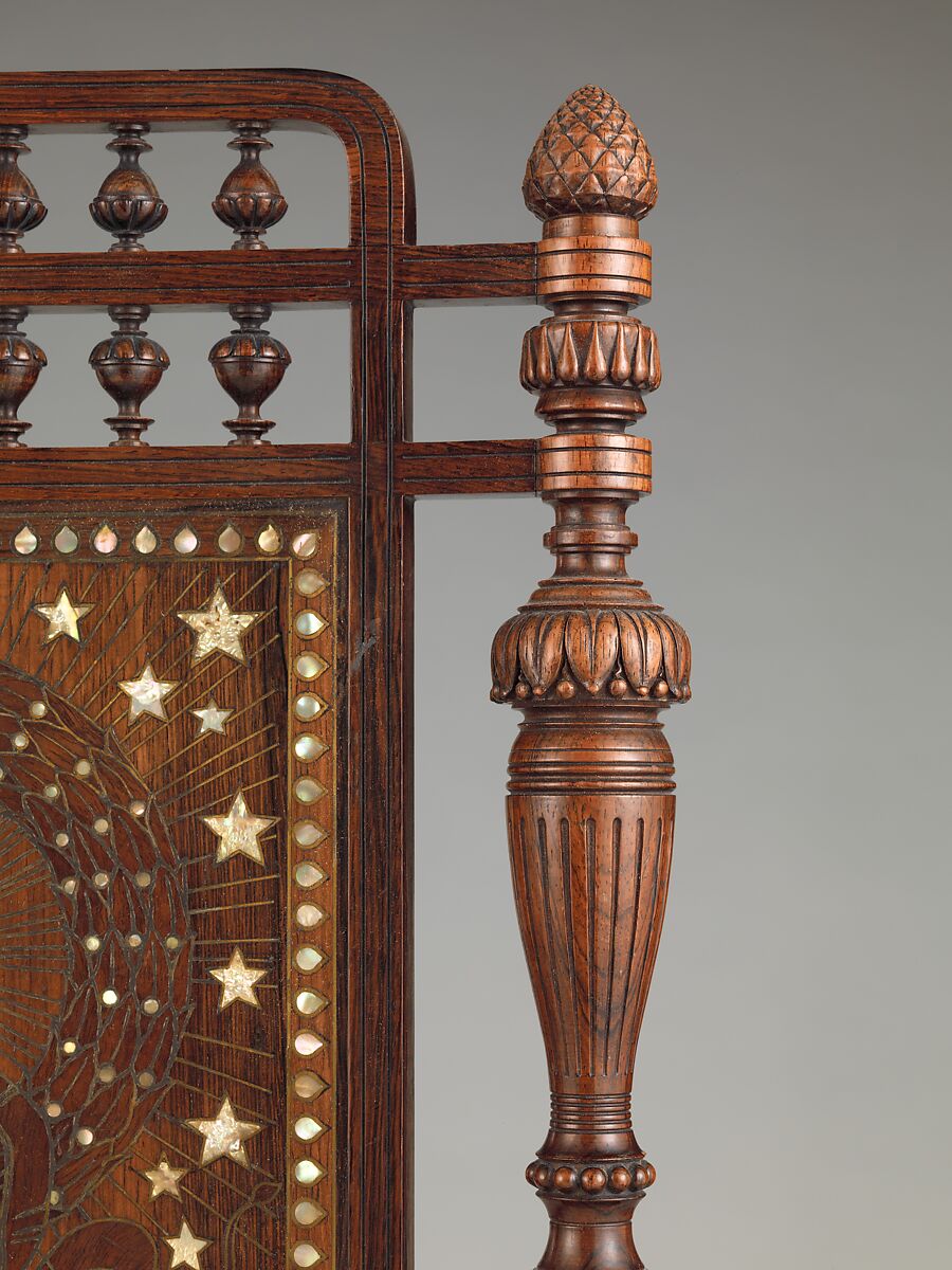 Side chair, Herter Brothers (German, active New York, 1864–1906), Rosewood, brass, mother-of-pearl, and reproduction upholstery, American