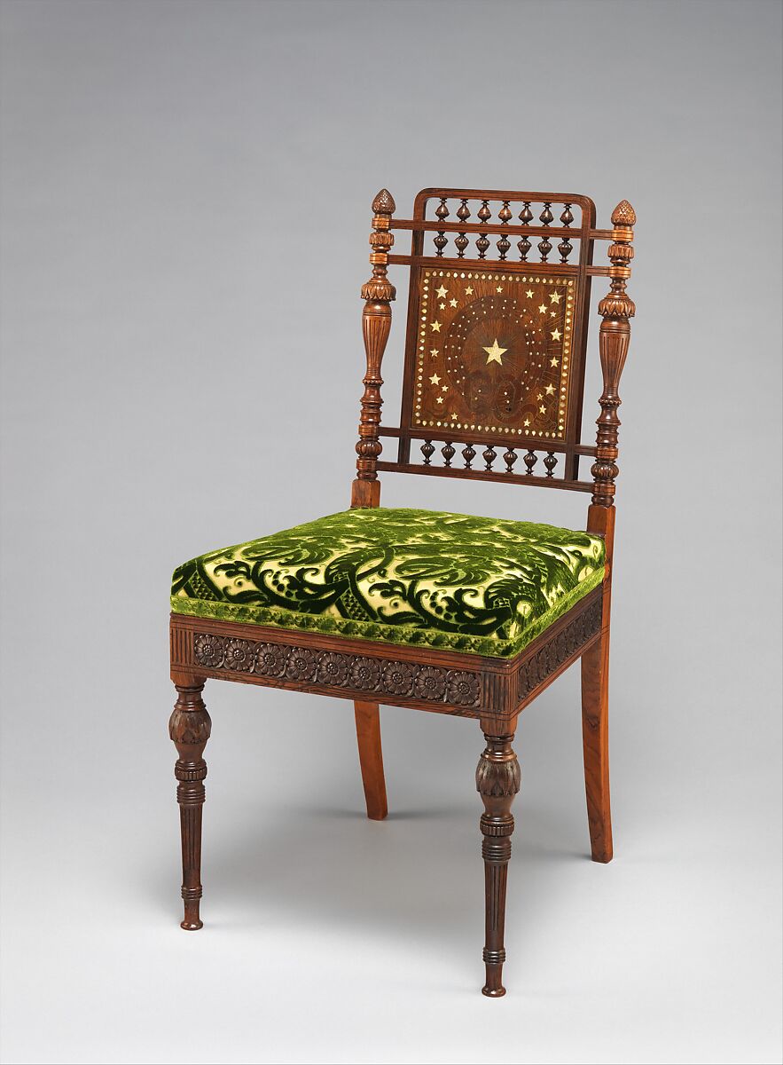 Side chair, Herter Brothers (German, active New York, 1864–1906), Rosewood, brass, mother-of-pearl, and reproduction upholstery, American 