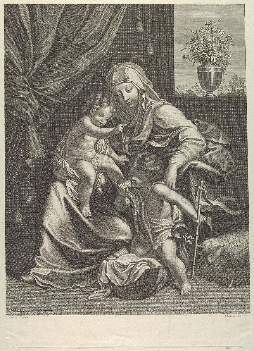 The Virgin seated with the infant Christ on her lap, the young Saint John the Baptist kneeling on Christ's cradle and kissing his foot, a lamb at right, after Reni, Engraved by Jean Boulanger (French, Troyes 1608–ca. 1680 Paris), Engraving 