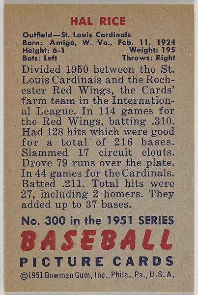Issued by Bowman Gum Company - Hal Rice, Outfield, St. Louis Cardinals ...